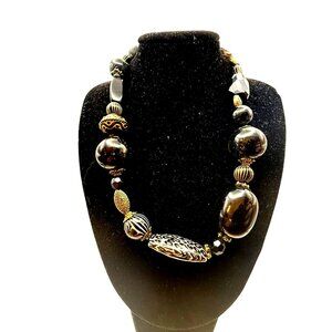 Black Beaded Statement Necklace Mixed Media Gold Tone Accents Chunky
